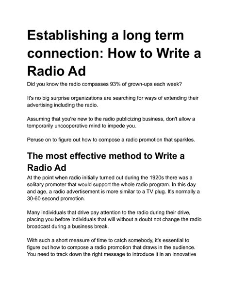 SOLUTION Establishing A Long Term Connection How To Write A Radio Ad