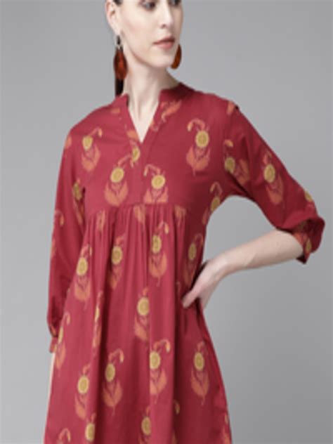 Buy Libas Women Maroon And Mustard Yellow Floral Pure Cotton Print A Line