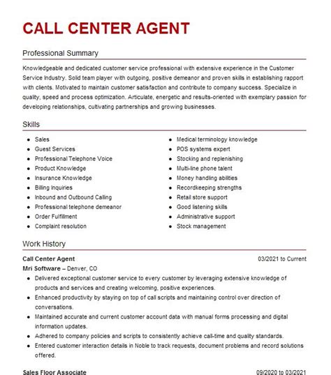 Call Center Senior Agent Resume Example