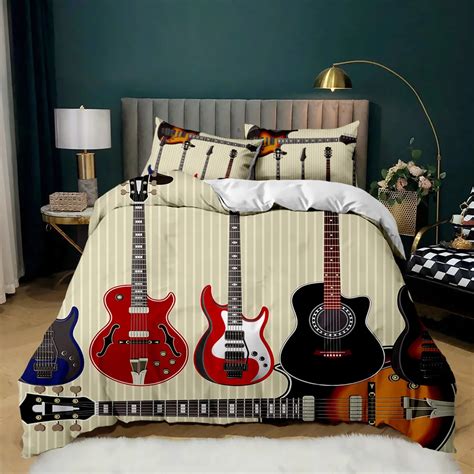 Guitar Duvet Cover Set Electric Guitar In Burning Musical Creativity