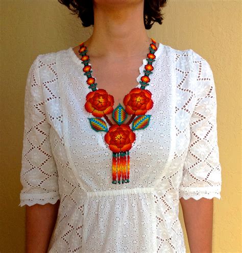 Jewelry Huichol Beaded Necklace Tri Flower Of A Joyous Festival