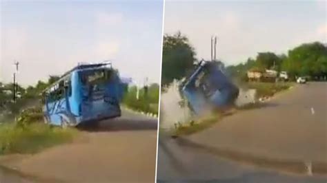 Khargone Bus Accident Video Vehicle Carrying Passengers Suffers Tire Burst Plunges Into River