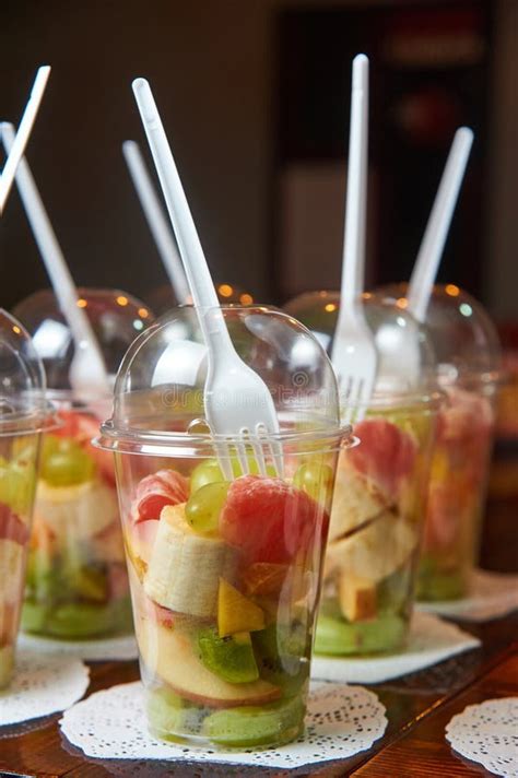 Sliced Fruits In Plastic Cup Healthy Food Catering Fruit Salad Stock