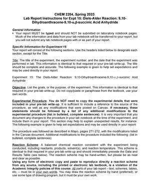 Chem 2204 Spring 2023 Grignard Reaction 2 Lab Report CHEM 2204