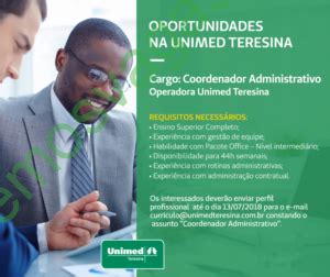 Emprego Para Coordenador Administrativo No Unimed Em Teresina Pi