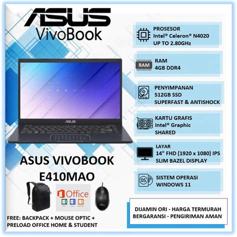 Jual Laptop Murah Slim Asus Vivobook E410MAO VIPS457 Intel N4020 Ram