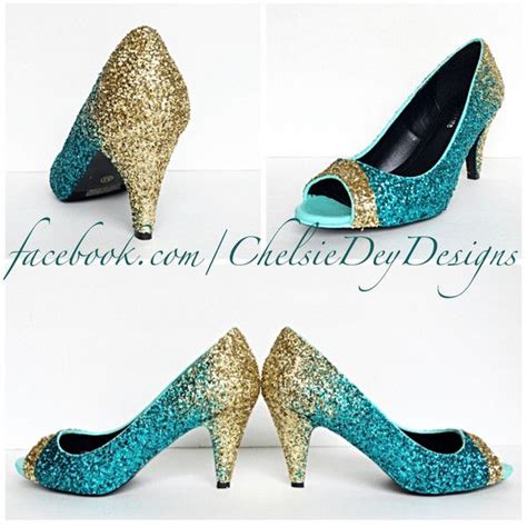 Glitter High Heels Teal Turquoise Aqua Blue Gold Ombre Peep Toe Pumps