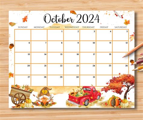 Editable October Calendar Beautiful Autumn With Cute Gnome