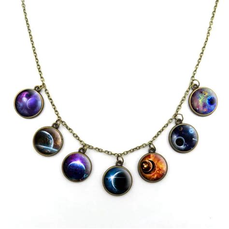 Outer Space Planet Pendant Necklace Galaxy Glass Cabochon Bronze