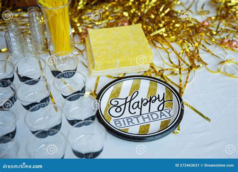 Golden Birthday Party Decoration On The Table Stock Image Image Of