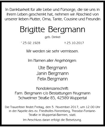 Traueranzeigen Von Brigitte Bergmann Trauer Und Gedenken