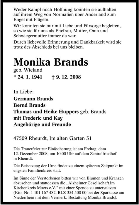 Traueranzeigen Von Monika Brands Trauer In Nrw De