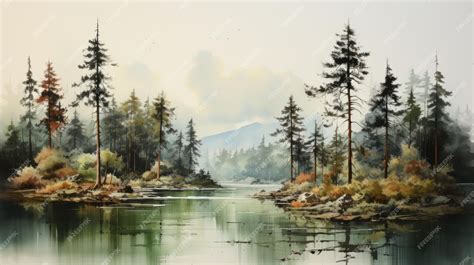 Premium Photo Watercolor Painting Of Pine Trees And River Moody And Tranquil Island Sketch