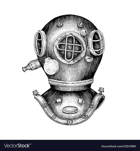 Diving helmet hand drawing vintage style Vector Image