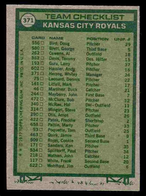 1977 Topps Kansas City Royals Whitey Herzog 371 UNMARKED EBay