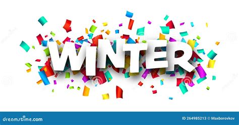 Winter Word Over Colorful Cut Out Ribbon Confetti Background Stock