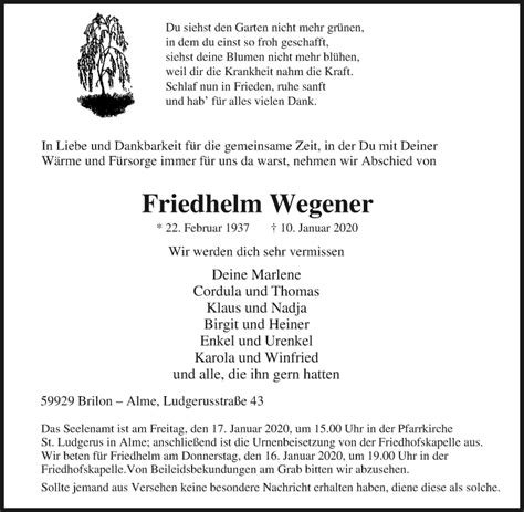 Traueranzeigen Von Friedhelm Wegener Trauer In NRW De