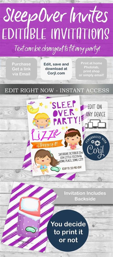 Sleepover Invitation Editable Party Invites Slumber Party Etsy