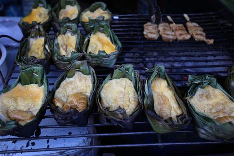 Style Food Thai Grilled Egg In Banana Leaf Cup In Mae Kampong Village