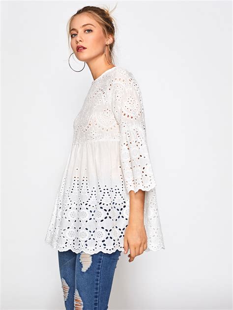 Eyelet Embroidered Scallop Trim Smock Blouse Shein Sheinside