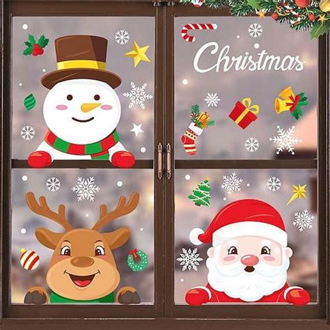 Christmas Window Stickers With Santa Claus Snowman And Reindeer On The