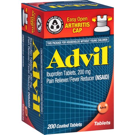 Advil Easy Open Cap 200 Count Pain Reliever Fever Reducer Coated