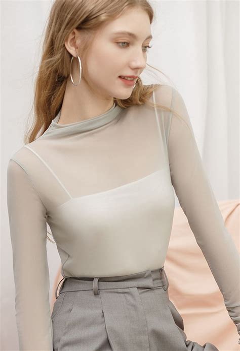 Ruched Detail Sheer Mesh Fitted Top In Grey Retro Indie And Unique