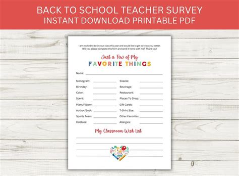 Printable Teacher Favorite Things Survey All About My Teacher Etsy In