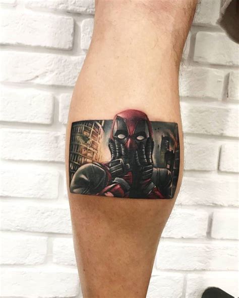 Deadpool Portrait Tattoo Located On The Calf