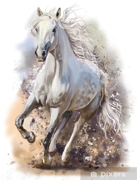 Sticker White horse runs watercolor painting - PIXERS.US