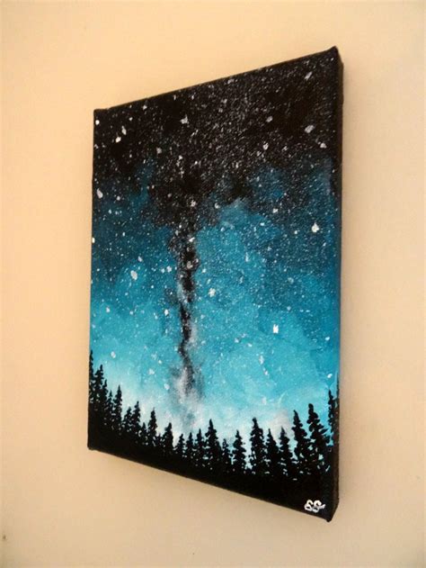 Galaxy Painting Original, Night Sky Art, Pine Trees Galaxy Art, Blue ...