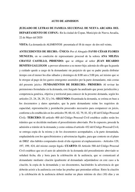 AUTO DE Admision Procesal Civil II Derecho Procesal Civil I UNICAH