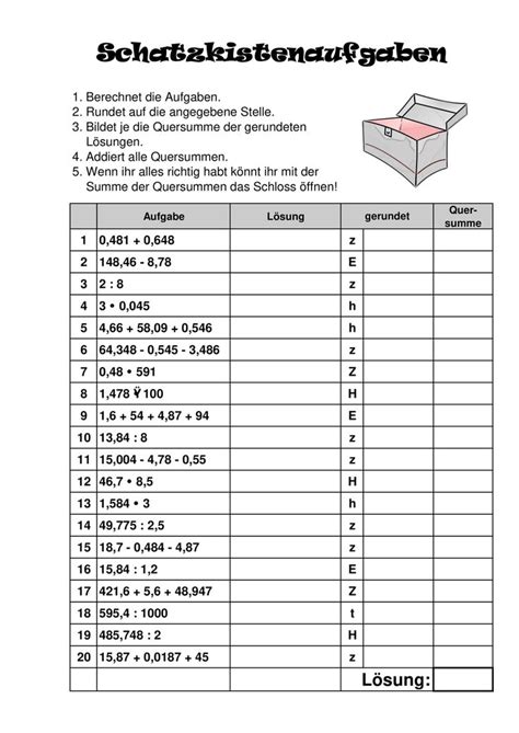 Schatzkistenaufgaben Dezimalzahlen Runden Unterrichtsmaterial Im