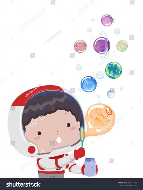 Illustration Kid Boy Astronaut Blowing Bubbles