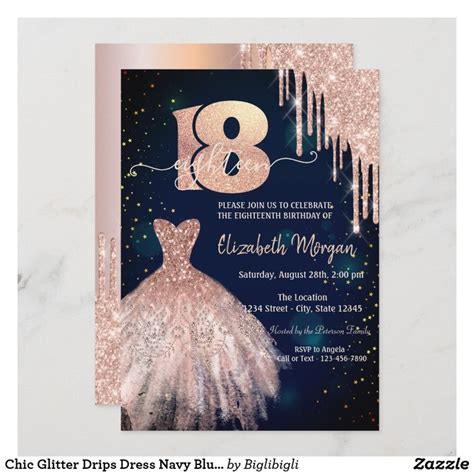 Chic Glitter Drips Dress Navy Blue Th Birthday Invitation Zazzle