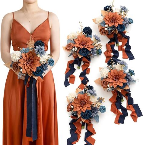 Amazon Ling S Moment Inch Burnt Orange Navy Artificial Flowers