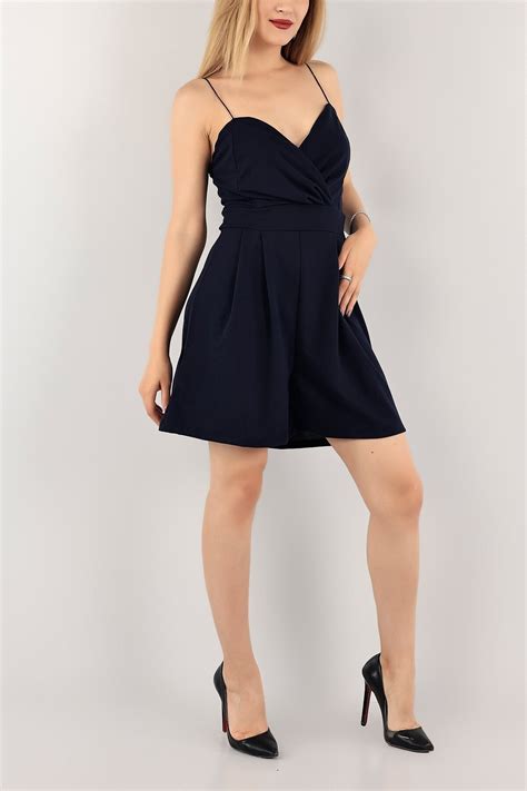 Secret Passion Lingerie Esnek Krep Kumaş Askılı Etek Görünümlü Şortlu Lacivert Mini Abiye Tulum
