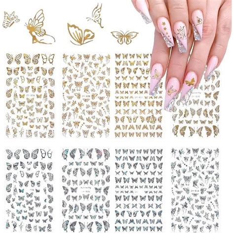 8 Feuilles Papillon Autocollant Ongle Papillon Nail Laser S Glitter