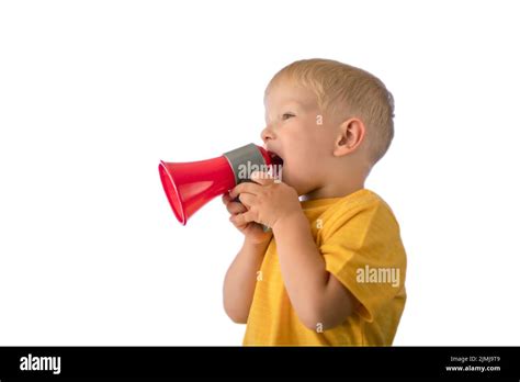 Cute Little Boy With Megaphone On White Background Stock Photo Alamy