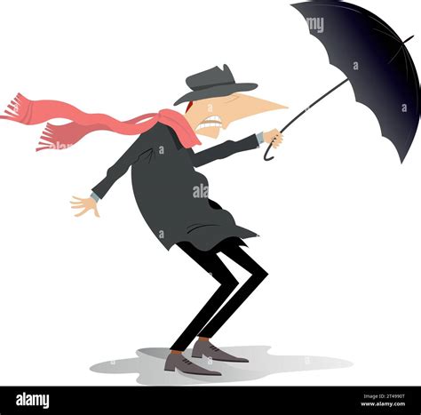 Man Umbrella Windy And Rainy Day Man With Umbrella Staying On The