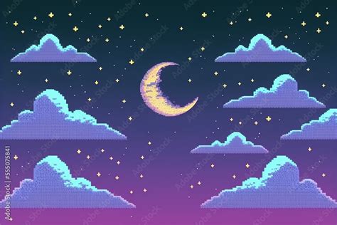 ภาพประกอบสตอก Pixel art starry night sky background generative ai ภาพ