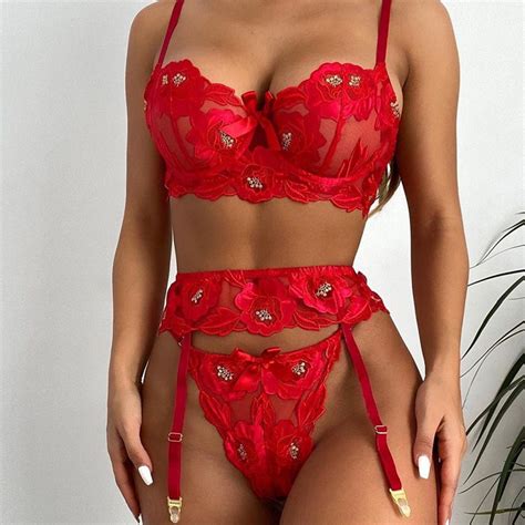 New Sexy Lingerie Suit Erotic Embroidery Bikini See Through Bra Garter