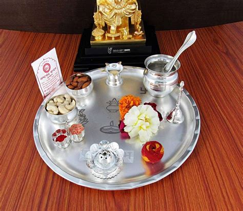 GOLDGIFTIDEAS 12 Inch Shubh Labh Silver Plated Pooja Thali Set For Gift