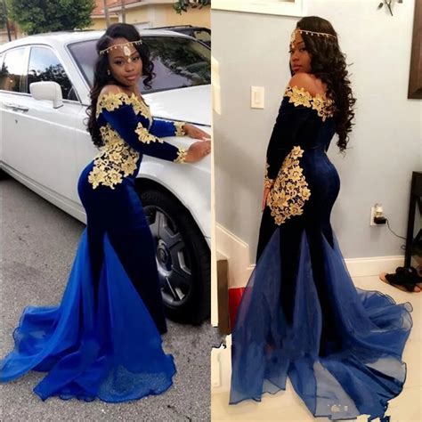 Sexy Mermaid Navy Blue Velvet Prom Dresses With Gold Lace Flower