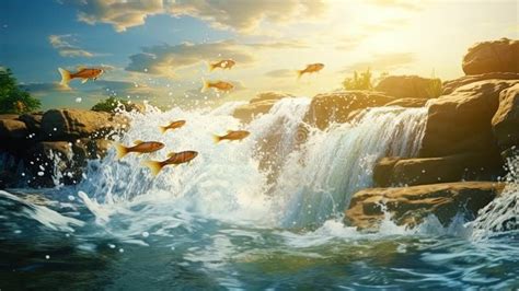 Fish Jumping from the Flying Shore Down the Waterfall Stock ...