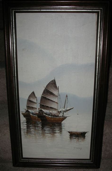 Original P Wong Oil On Canvas Chinese Junk Boats Framed Chinese Junk