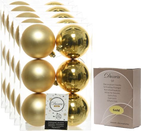 48x Gouden Kunststof Kerstballen 8 Cm Inclusief Kerstbalhaakjes