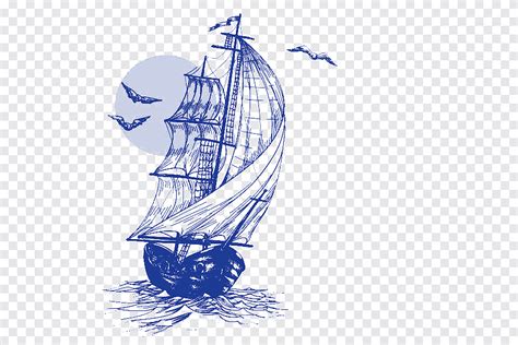 Hand Painted Sailing Boat Cartoon Ship Hand Painted Seagull Png Pngegg