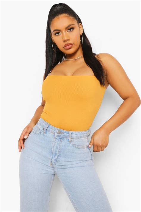 Orange Basic Rib Skinny Strap Square Neck Bodysuit Boohoo Uk