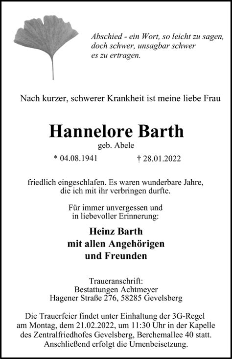 Traueranzeigen Von Hannelore Barth Trauer In Nrw De